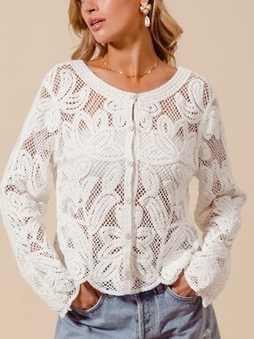 ❤️Hello Gorgeous! Button Front Floral Pattern Crochet Lace Cardigan-Off White
